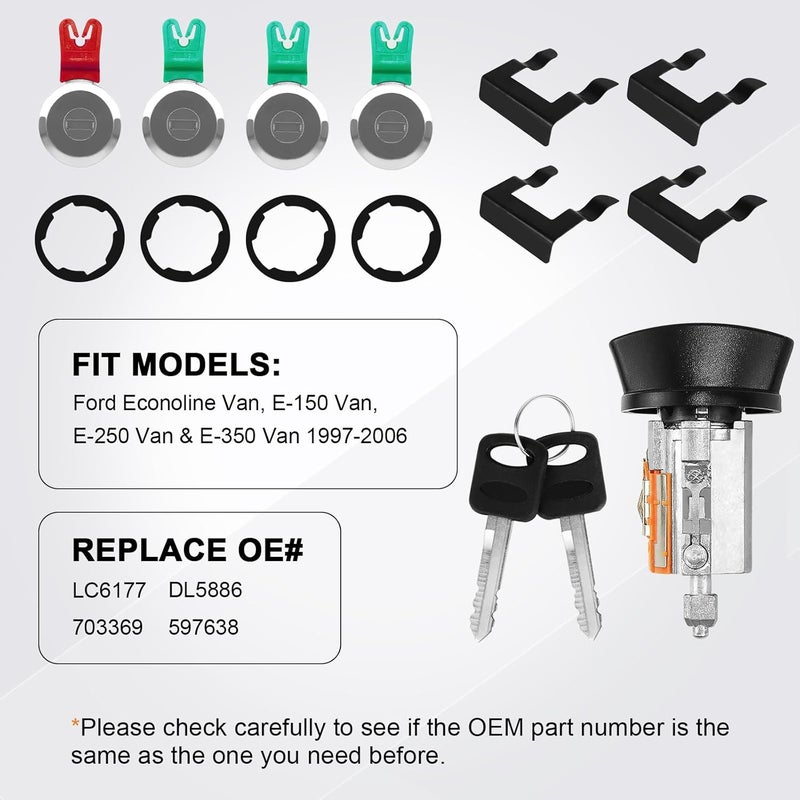 MOTORSTAR For 1997-2006 Ford Econoline, E-150 E-250 E-350 Vans Ignition Switch Lock Cylinder +4 Chrome Door Lock Cylinder Tumbler Set With 4 Clips With 2 Keys LC6177+703369 X4+597638 X2 (No Chip) - Image 3